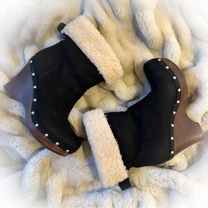 UGG Carnagie Black Leather Sheepskin Studded Wedge Fold Over Boot